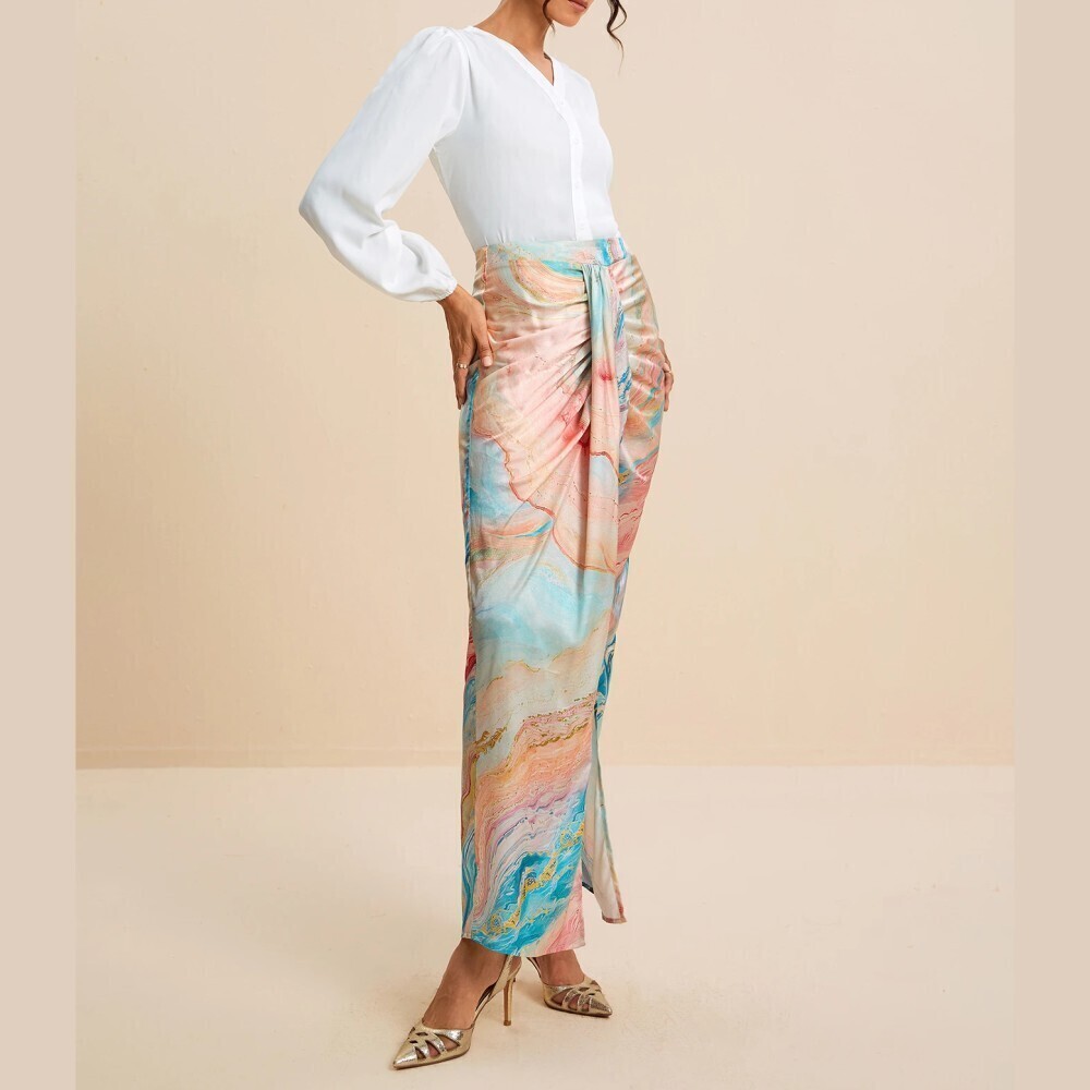 Orange / Blue Marble Print Draped Wrap Front High Slit Maxi Skirt - Picture 5 of 7